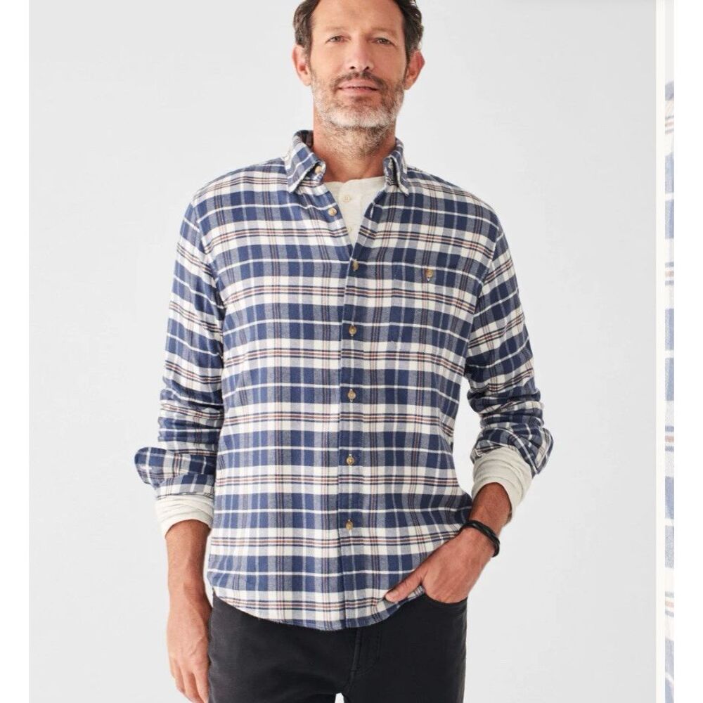 Faherty Shirt 2XL The Movement™ Flannel Rainier Plaid Blue White Long Sleeve Top